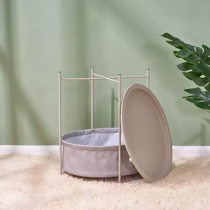 Table d'appoint/de chevet ronde avec panier de rangement en tissu, petite table de chevet étanche et antirouille en métal avec plateau amovible