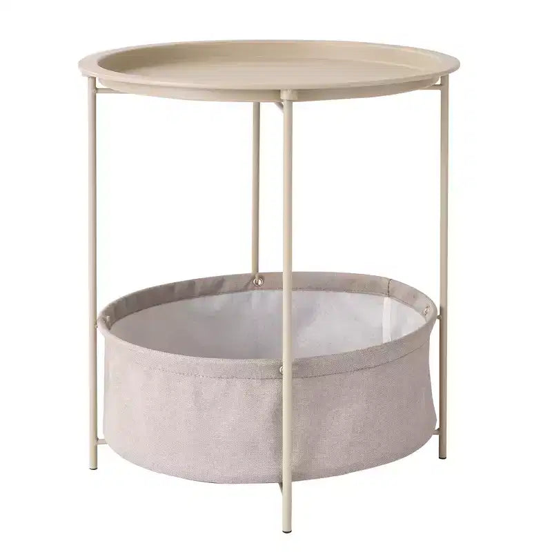 Table d'appoint/de chevet ronde avec panier de rangement en tissu, petite table de chevet étanche et antirouille en métal avec plateau amovible
