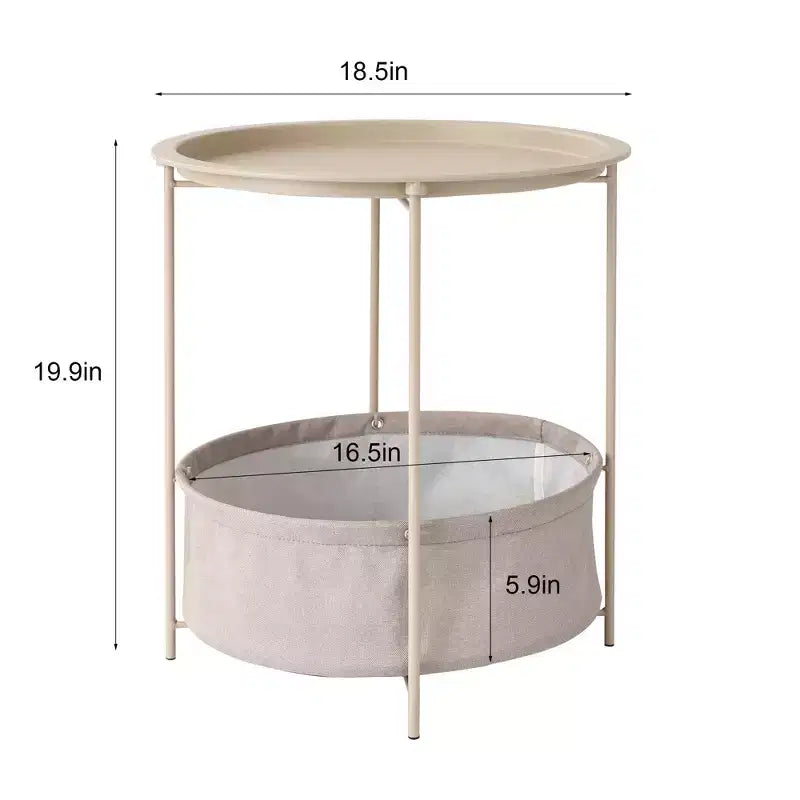 Table d'appoint/de chevet ronde avec panier de rangement en tissu, petite table de chevet étanche et antirouille en métal avec plateau amovible