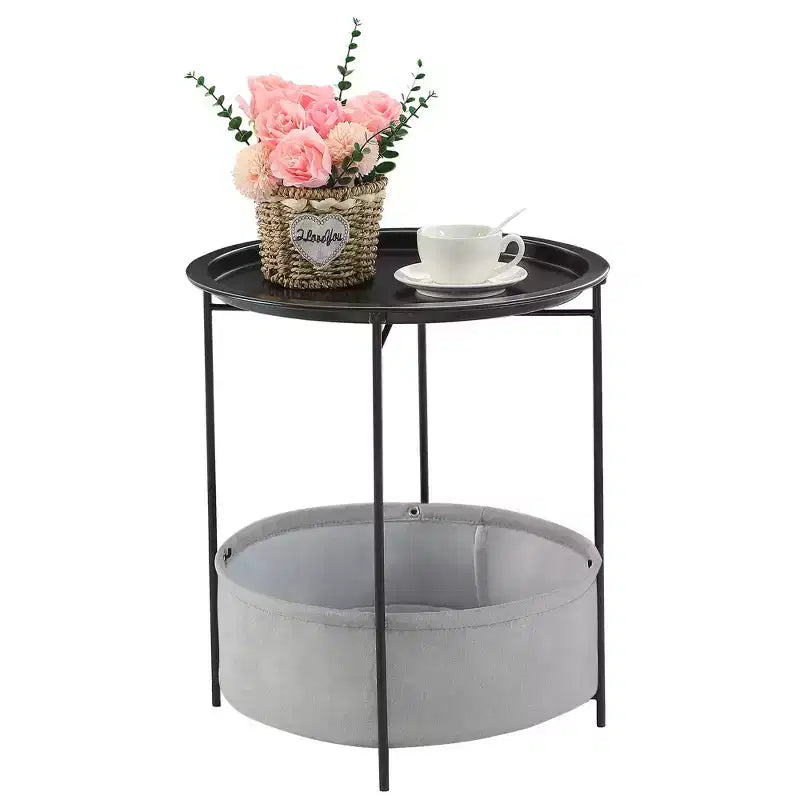 Table d'appoint/de chevet ronde avec panier de rangement en tissu, petite table de chevet étanche et antirouille en métal avec plateau amovible
