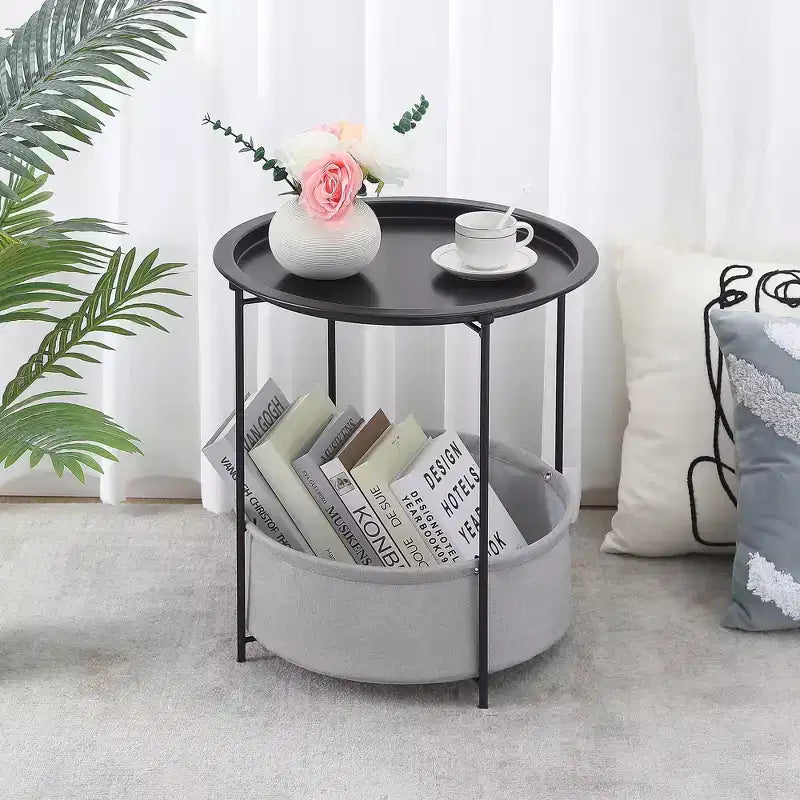 Table d'appoint/de chevet ronde avec panier de rangement en tissu, petite table de chevet étanche et antirouille en métal avec plateau amovible