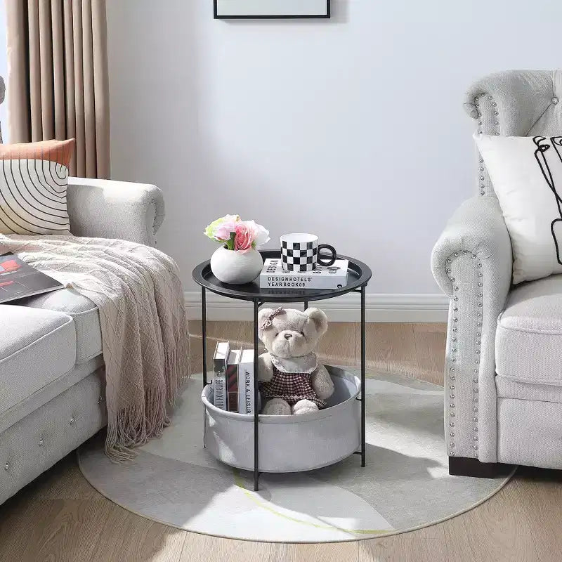 Table d'appoint/de chevet ronde avec panier de rangement en tissu, petite table de chevet étanche et antirouille en métal avec plateau amovible