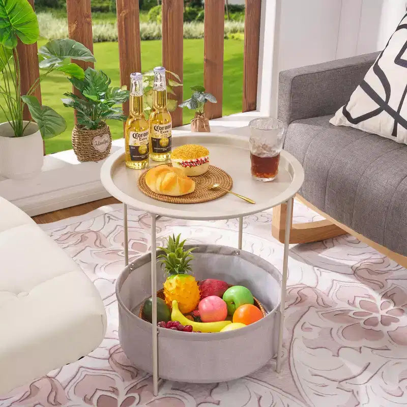Table d'appoint/de chevet ronde avec panier de rangement en tissu, petite table de chevet étanche et antirouille en métal avec plateau amovible