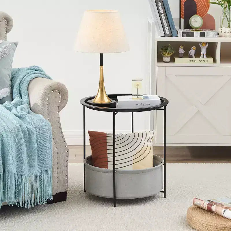 Table d'appoint/de chevet ronde avec panier de rangement en tissu, petite table de chevet étanche et antirouille en métal avec plateau amovible