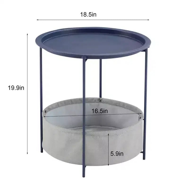 Table d'appoint/de chevet ronde avec panier de rangement en tissu, petite table de chevet étanche et antirouille en métal avec plateau amovible