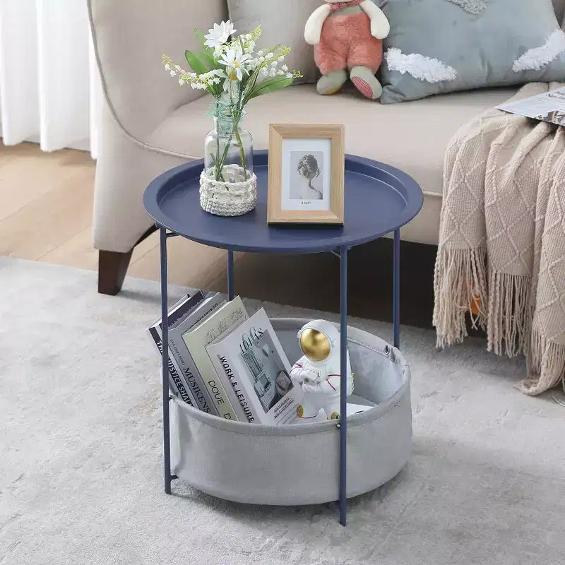 Table d'appoint/de chevet ronde avec panier de rangement en tissu, petite table de chevet étanche et antirouille en métal avec plateau amovible