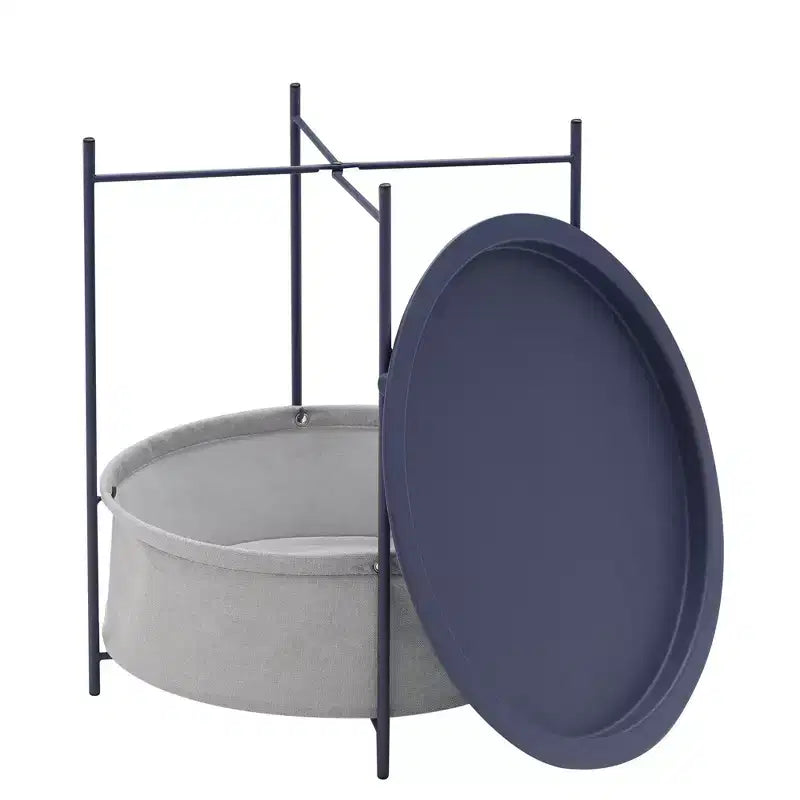 Table d'appoint/de chevet ronde avec panier de rangement en tissu, petite table de chevet étanche et antirouille en métal avec plateau amovible