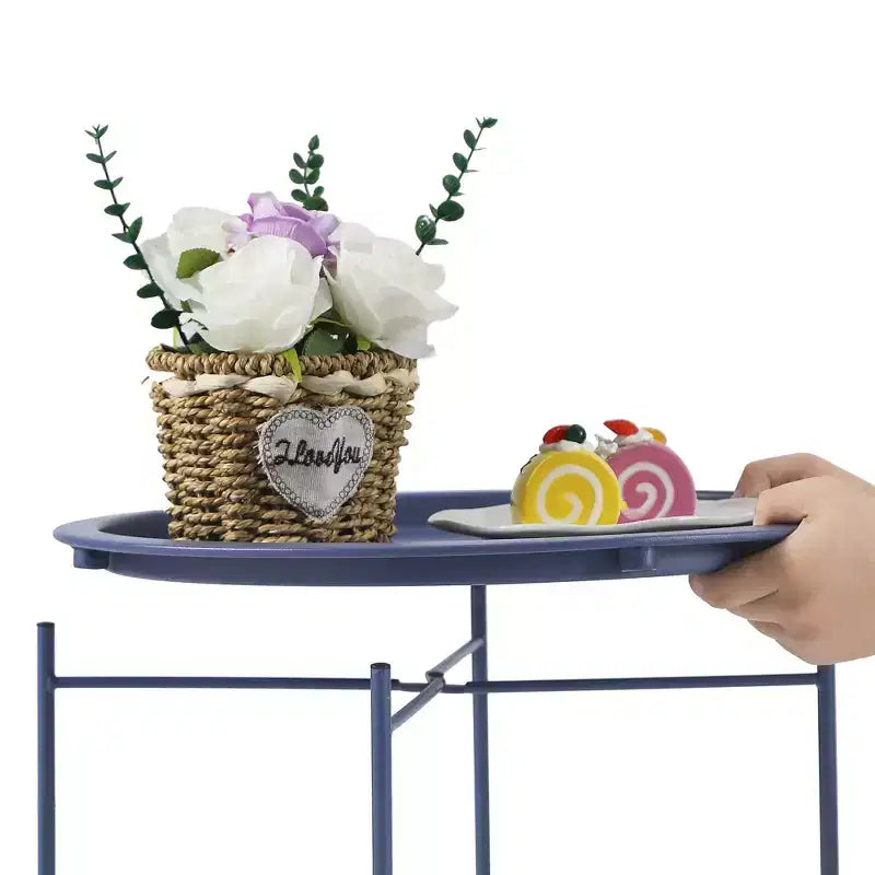 Table d'appoint/de chevet ronde avec panier de rangement en tissu, petite table de chevet étanche et antirouille en métal avec plateau amovible