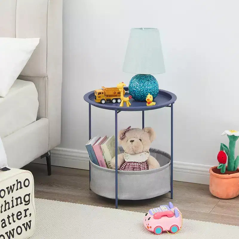Table d'appoint/de chevet ronde avec panier de rangement en tissu, petite table de chevet étanche et antirouille en métal avec plateau amovible