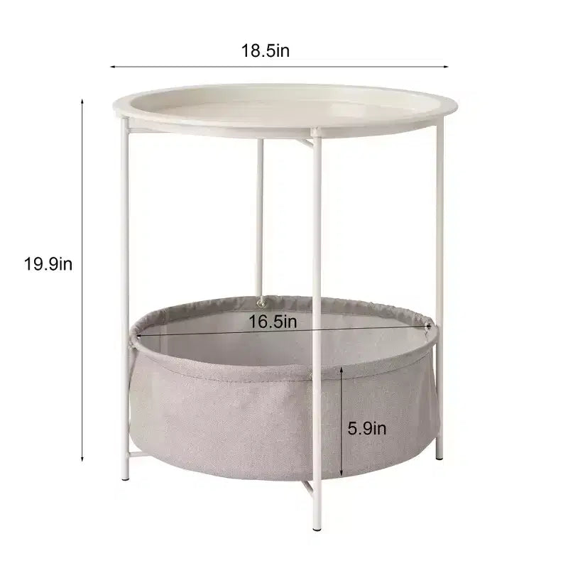 Table d'appoint/de chevet ronde avec panier de rangement en tissu, petite table de chevet étanche et antirouille en métal avec plateau amovible