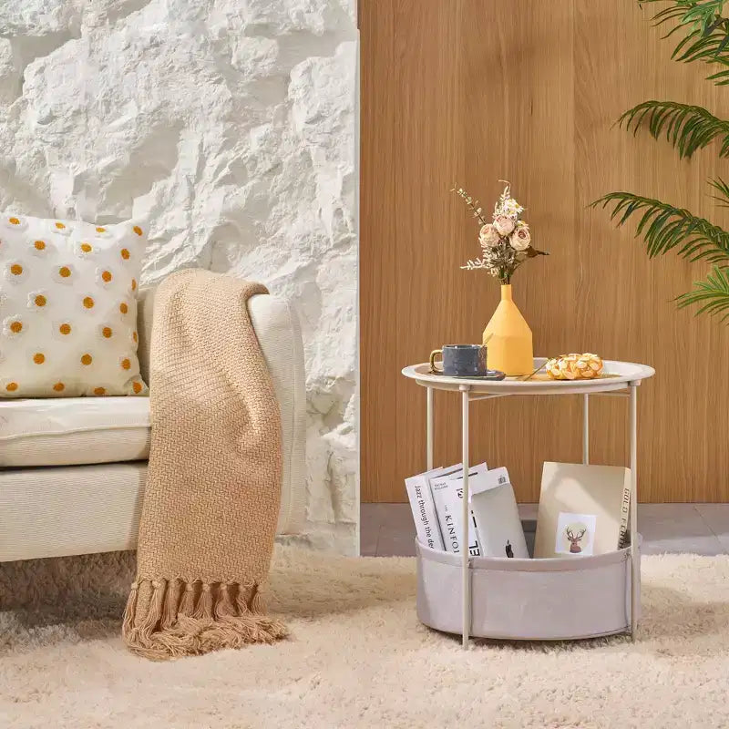 Table d'appoint/de chevet ronde avec panier de rangement en tissu, petite table de chevet étanche et antirouille en métal avec plateau amovible