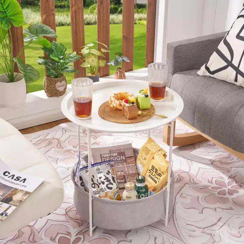 Table d'appoint/de chevet ronde avec panier de rangement en tissu, petite table de chevet étanche et antirouille en métal avec plateau amovible