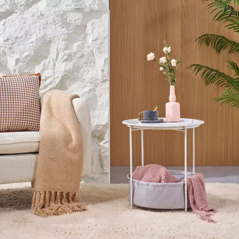 Table d'appoint/de chevet ronde avec panier de rangement en tissu, petite table de chevet étanche et antirouille en métal avec plateau amovible