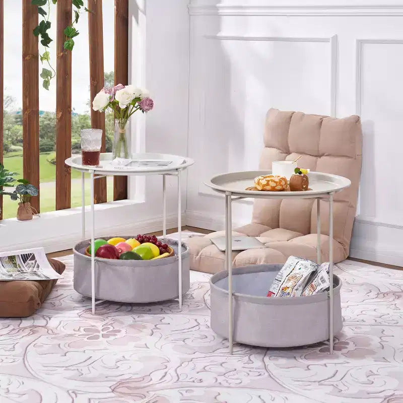 Table d'appoint/de chevet ronde avec panier de rangement en tissu, petite table de chevet étanche et antirouille en métal avec plateau amovible