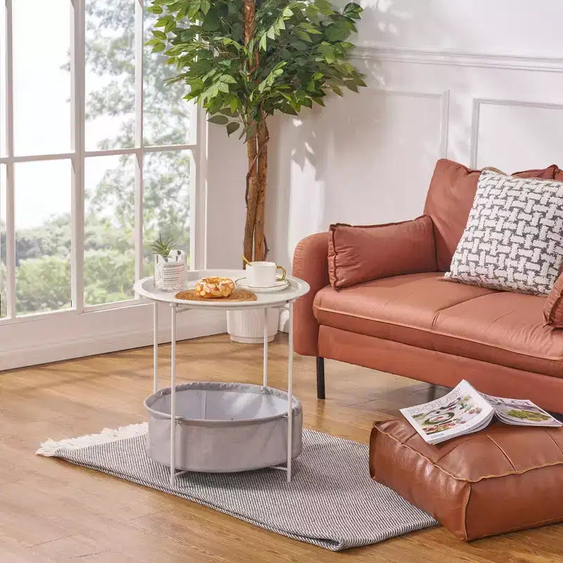 Table d'appoint/de chevet ronde avec panier de rangement en tissu, petite table de chevet étanche et antirouille en métal avec plateau amovible