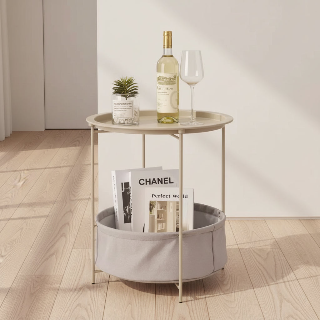 VECELO Round Side/End Table with Fabric Storage Basket, Metal Anti-Rust and Waterproof Small Bedside Nightstand with Removable Tray Top