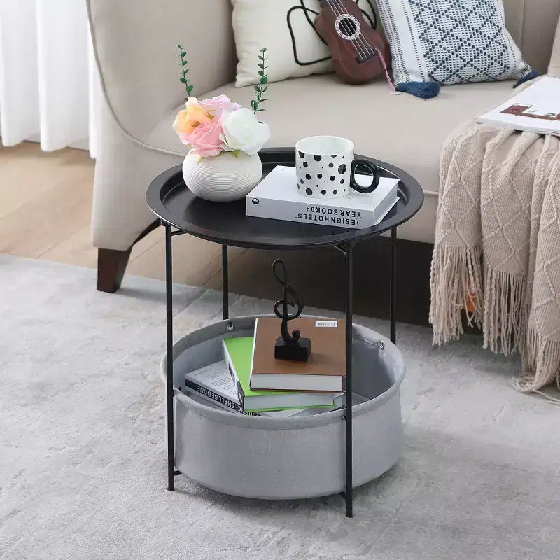Table d'appoint/de chevet ronde avec panier de rangement en tissu, petite table de chevet étanche et antirouille en métal avec plateau amovible