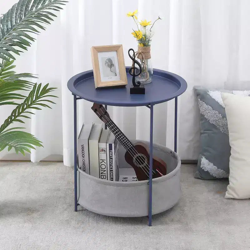 Table d'appoint/de chevet ronde avec panier de rangement en tissu, petite table de chevet étanche et antirouille en métal avec plateau amovible