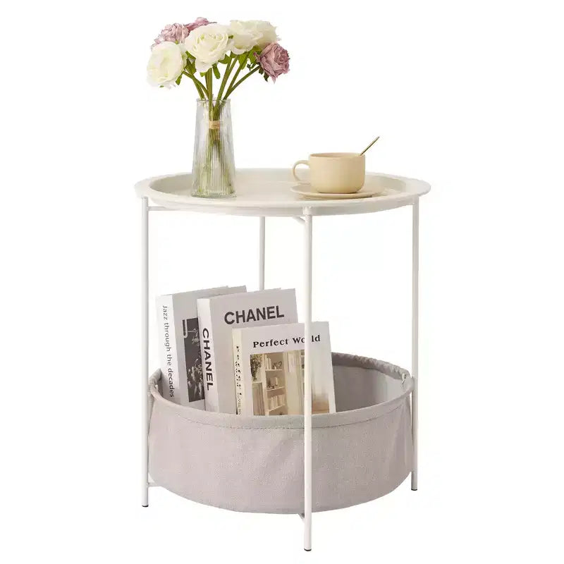 Table d'appoint/de chevet ronde avec panier de rangement en tissu, petite table de chevet étanche et antirouille en métal avec plateau amovible