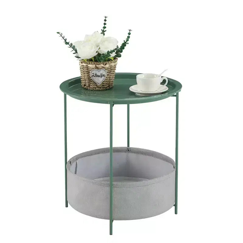 Table d'appoint/de chevet ronde avec panier de rangement en tissu, petite table de chevet étanche et antirouille en métal avec plateau amovible