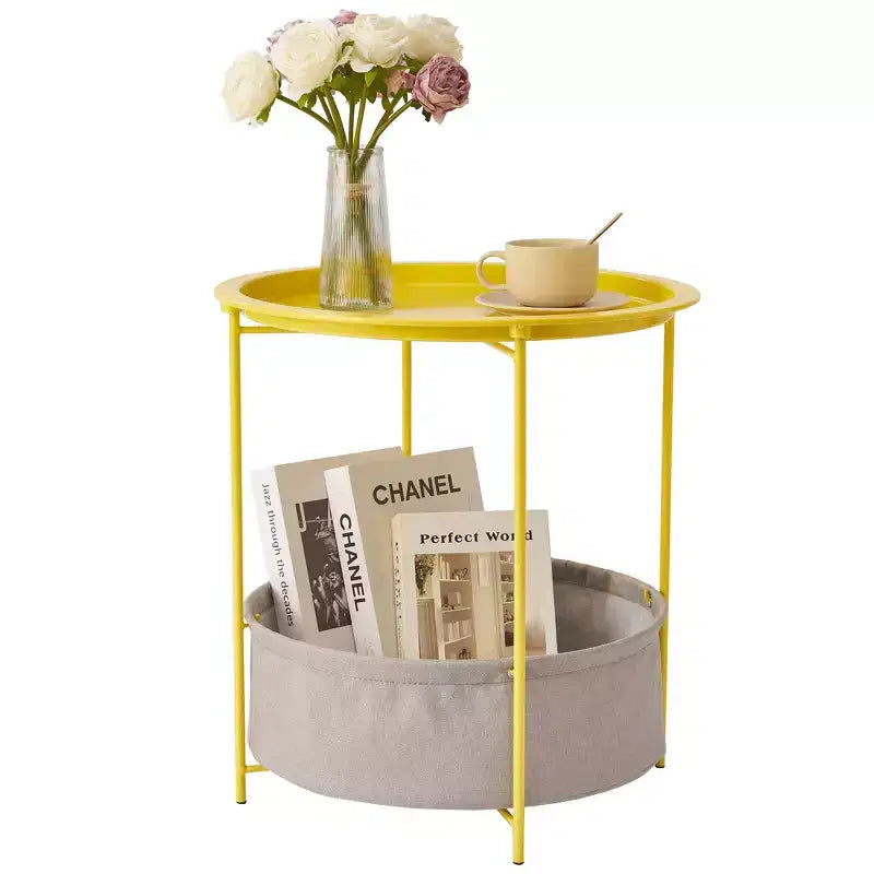 Table d'appoint/de chevet ronde avec panier de rangement en tissu, petite table de chevet étanche et antirouille en métal avec plateau amovible
