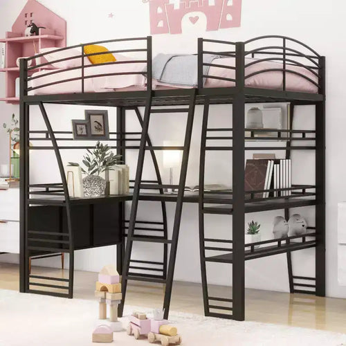 Whisen 77.1L x 56.7W Stylish Design Full Size Metal Frame Loft Bed with Shelves and L-shaped Desk