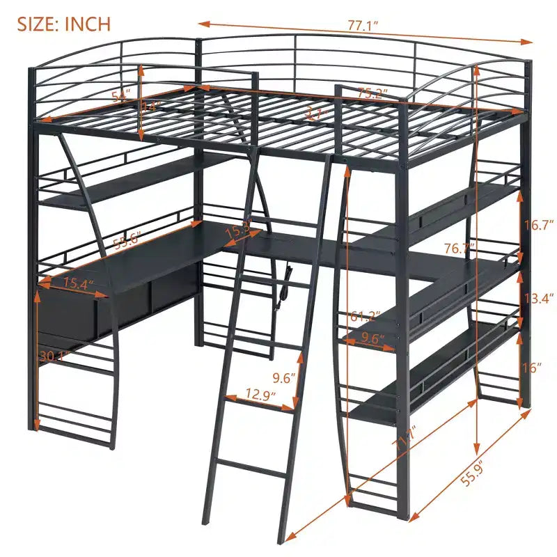 Lit mezzanine pleine grandeur à cadre métallique au design élégant avec étagères et bureau en L, 77,1 L x 56,7 l