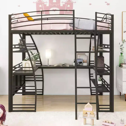Lit mezzanine pleine grandeur à cadre métallique au design élégant avec étagères et bureau en L, 77,1 L x 56,7 l