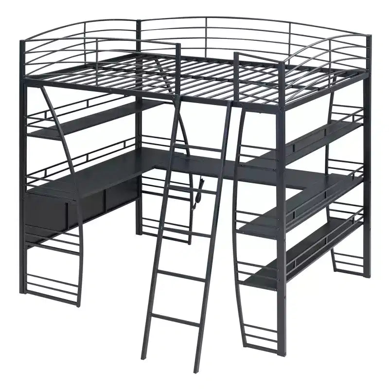 Lit mezzanine pleine grandeur à cadre métallique au design élégant avec étagères et bureau en L, 77,1 L x 56,7 l