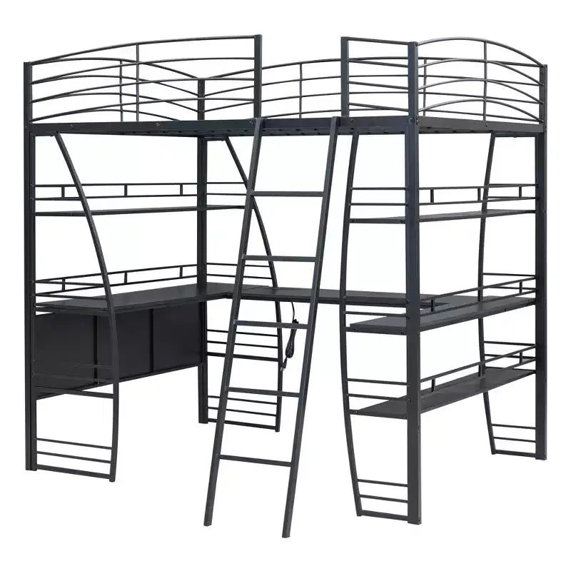 Lit mezzanine pleine grandeur à cadre métallique au design élégant avec étagères et bureau en L, 77,1 L x 56,7 l