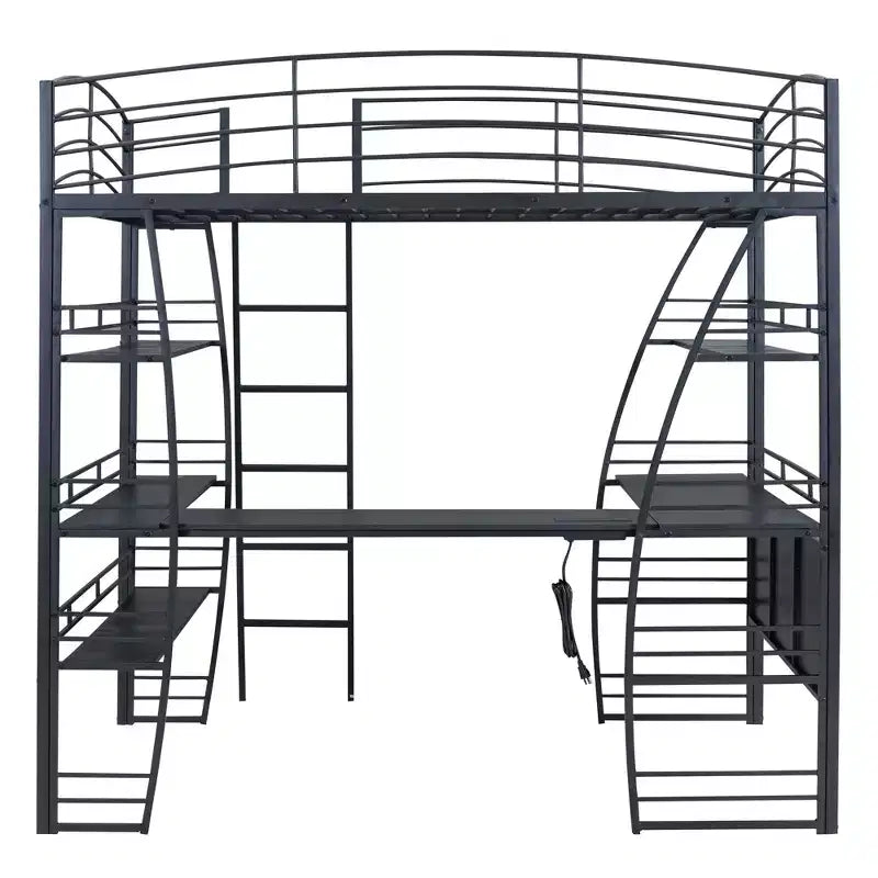 Lit mezzanine pleine grandeur à cadre métallique au design élégant avec étagères et bureau en L, 77,1 L x 56,7 l