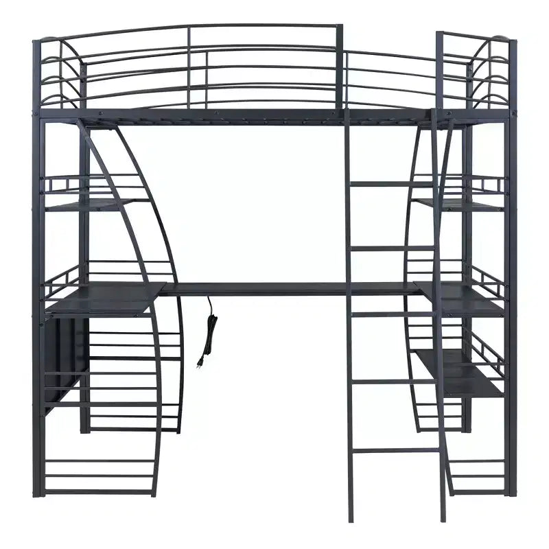 Lit mezzanine pleine grandeur à cadre métallique au design élégant avec étagères et bureau en L, 77,1 L x 56,7 l