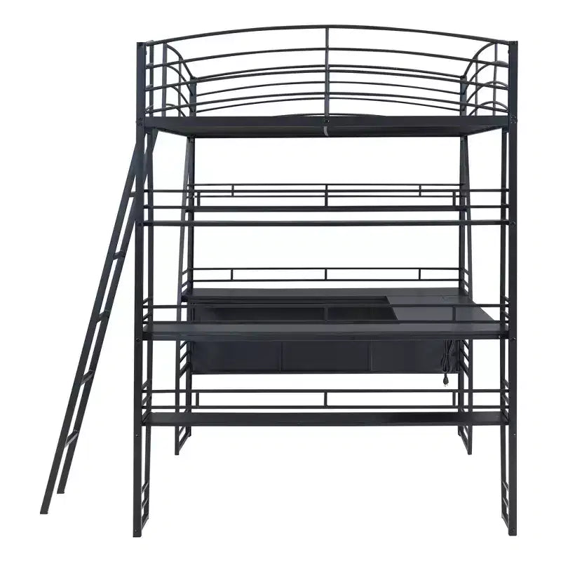 Lit mezzanine pleine grandeur à cadre métallique au design élégant avec étagères et bureau en L, 77,1 L x 56,7 l