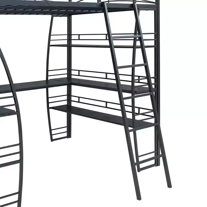 Lit mezzanine pleine grandeur à cadre métallique au design élégant avec étagères et bureau en L, 77,1 L x 56,7 l