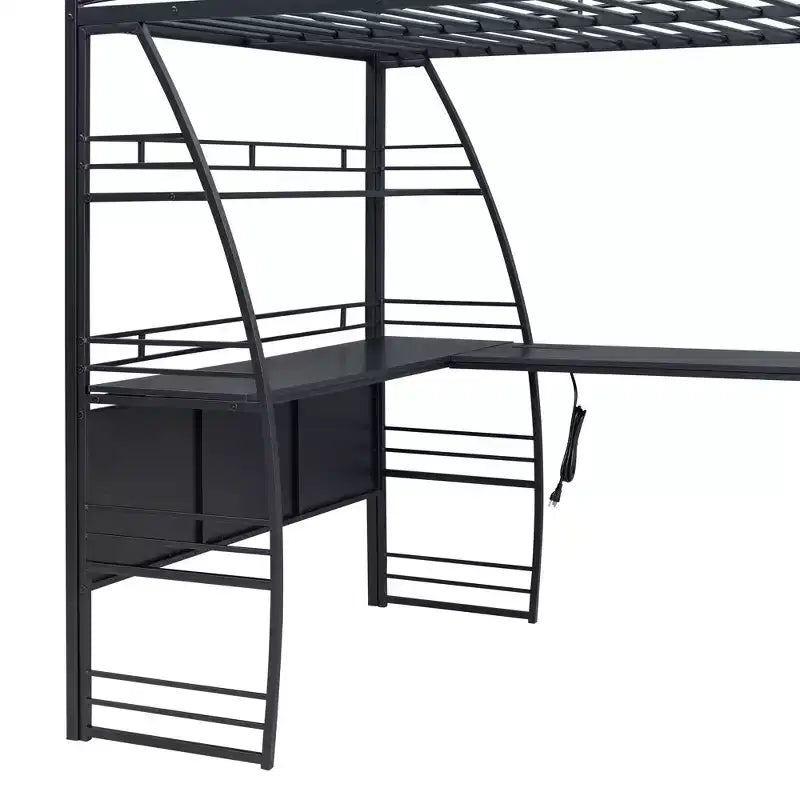 Lit mezzanine pleine grandeur à cadre métallique au design élégant avec étagères et bureau en L, 77,1 L x 56,7 l