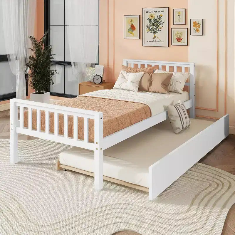Cadre de lit plateforme en bois double avec lit gigogne, avec tête et pied de lit