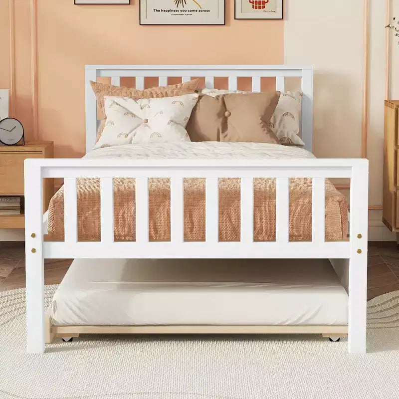 Cadre de lit plateforme en bois double avec lit gigogne, avec tête et pied de lit
