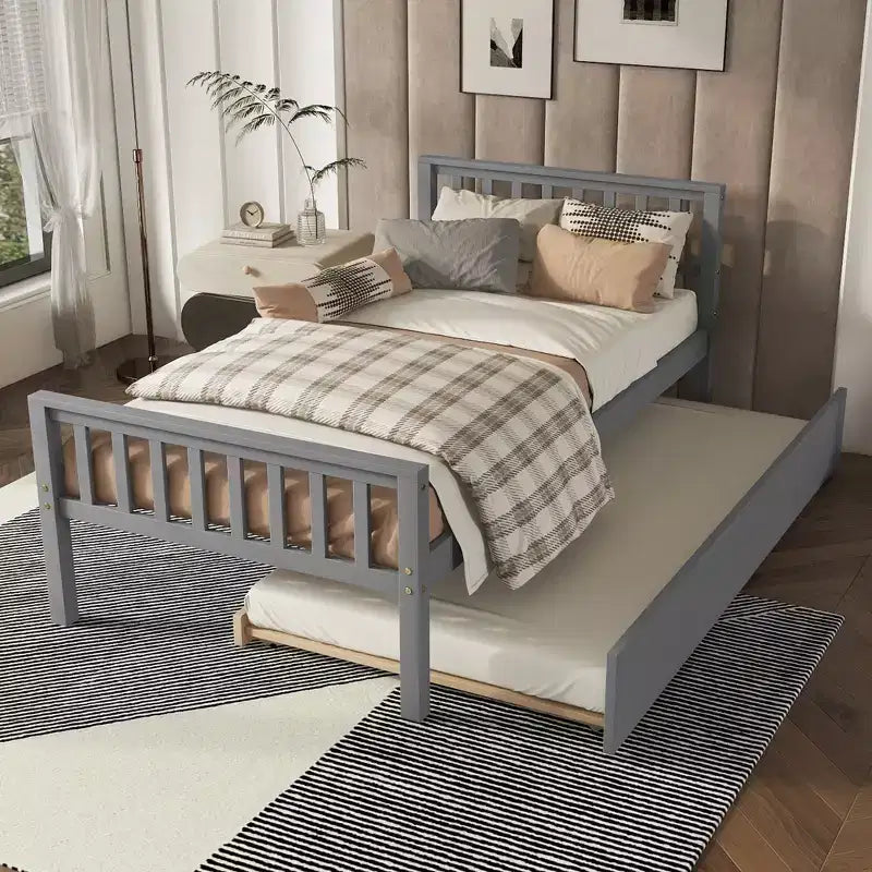 Cadre de lit plateforme en bois double avec lit gigogne, avec tête et pied de lit