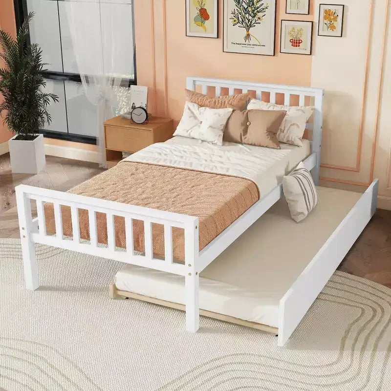 Cadre de lit plateforme en bois double avec lit gigogne, avec tête et pied de lit