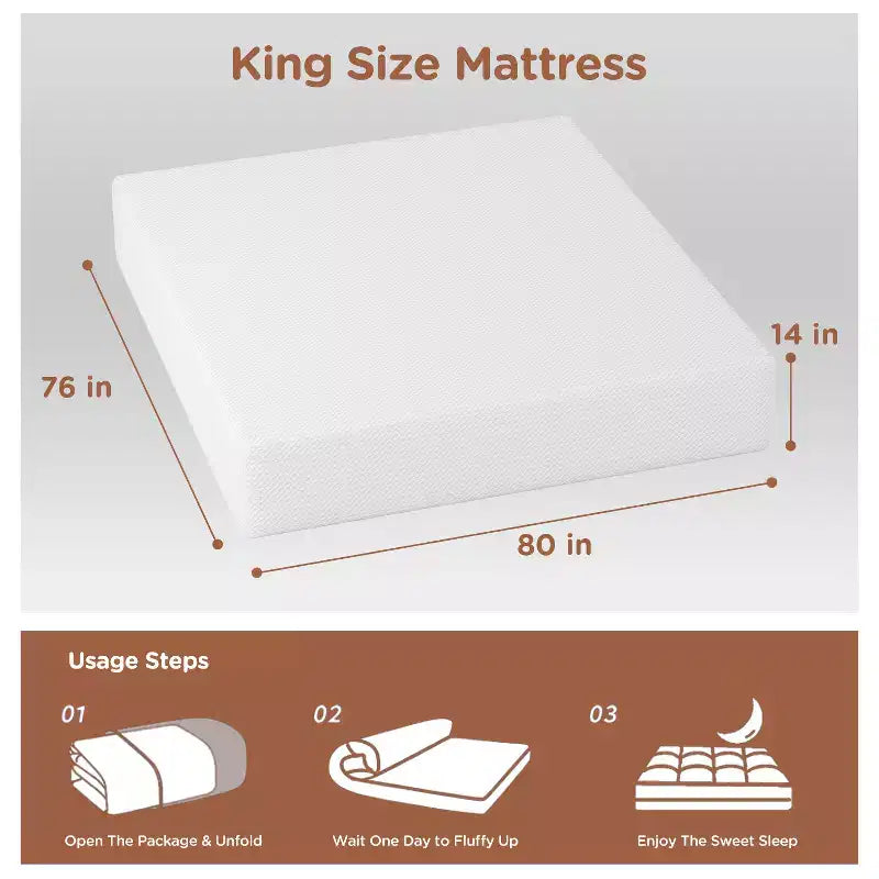 Matelas de 14 pouces en mousse à mémoire de forme gel, fermeté moyenne, pour un sommeil frais et un soulagement de la pression