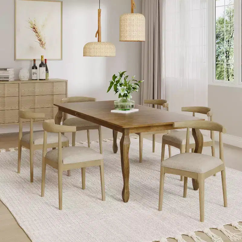 Salle à manger avec table extensible et chaises rembourrées, lin/naturel