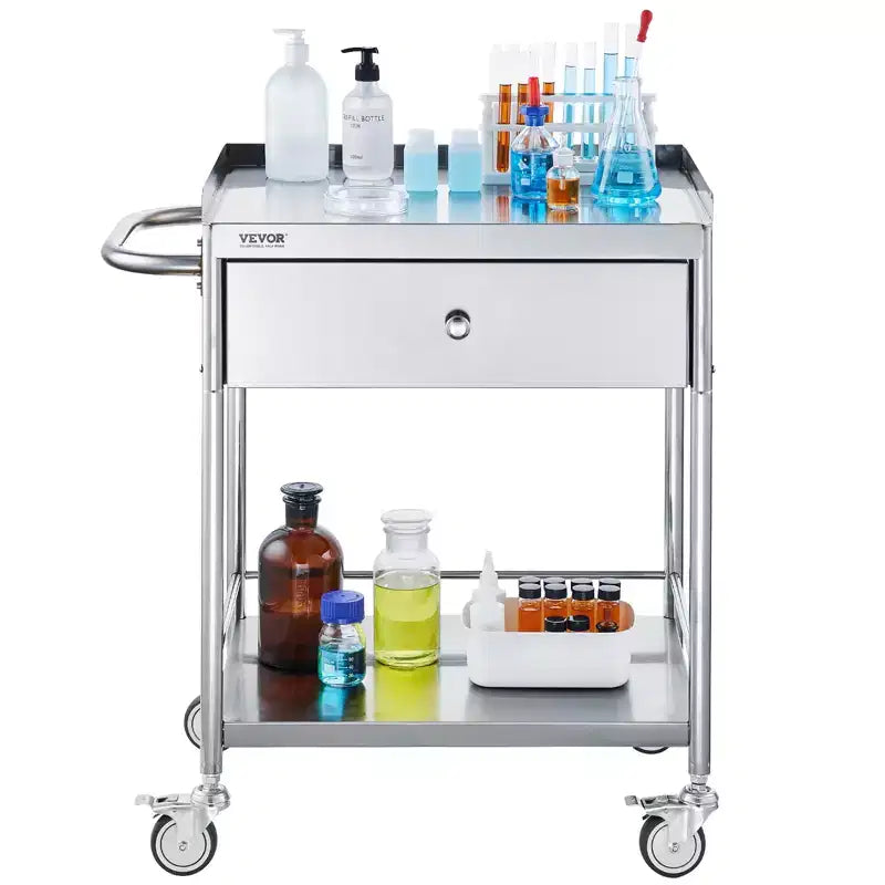 Chariot médical, Chariot en acier inoxydable à 2 niveaux, Capacité de poids de 100 kg, Chariot utilitaire de laboratoire avec roues silencieuses à 360° et un tiroir