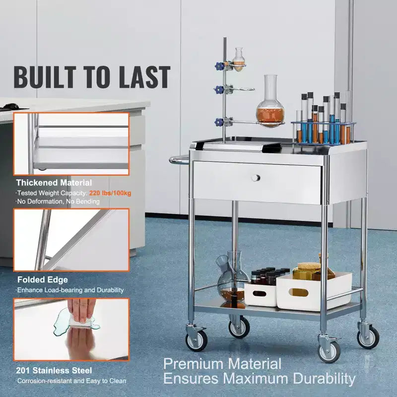 Chariot médical, Chariot en acier inoxydable à 2 niveaux, Capacité de poids de 100 kg, Chariot utilitaire de laboratoire avec roues silencieuses à 360° et un tiroir