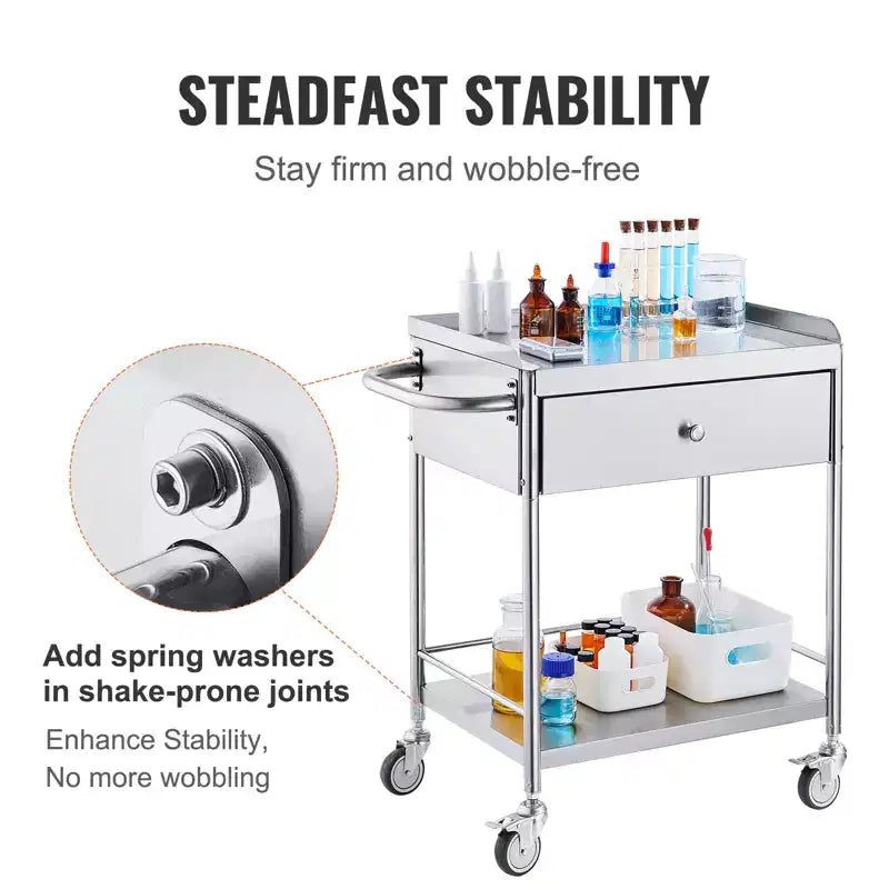 Chariot médical, Chariot en acier inoxydable à 2 niveaux, Capacité de poids de 100 kg, Chariot utilitaire de laboratoire avec roues silencieuses à 360° et un tiroir