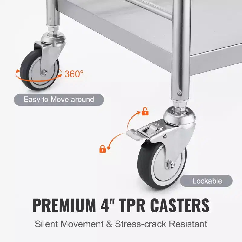 Chariot médical, Chariot en acier inoxydable à 2 niveaux, Capacité de poids de 100 kg, Chariot utilitaire de laboratoire avec roues silencieuses à 360° et un tiroir