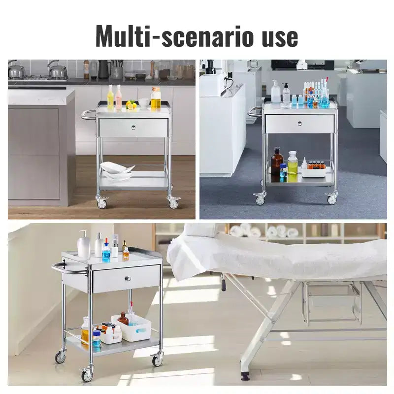 Chariot médical, Chariot en acier inoxydable à 2 niveaux, Capacité de poids de 100 kg, Chariot utilitaire de laboratoire avec roues silencieuses à 360° et un tiroir