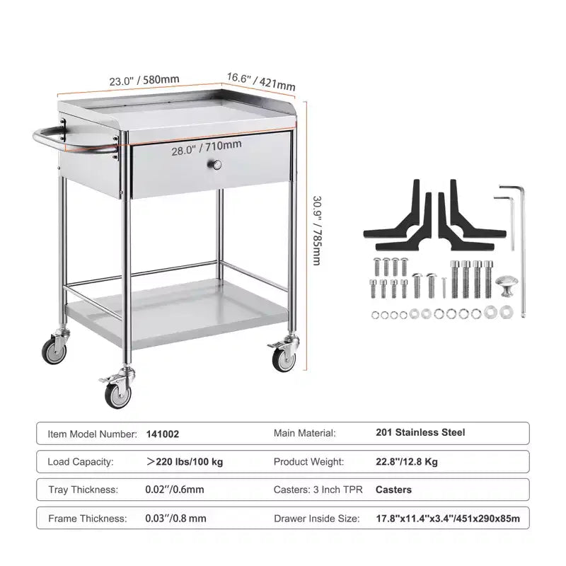 Chariot médical, Chariot en acier inoxydable à 2 niveaux, Capacité de poids de 100 kg, Chariot utilitaire de laboratoire avec roues silencieuses à 360° et un tiroir