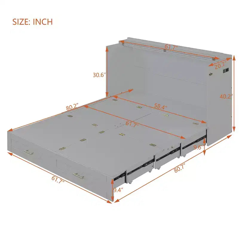 Lit escamotable Queen Size au design astucieux, pliable dans une armoire avec tiroir et ports USB