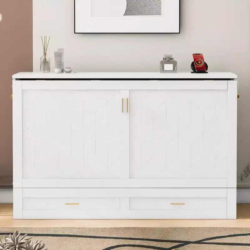 Lit escamotable Queen Size au design astucieux, pliable dans une armoire avec tiroir et ports USB