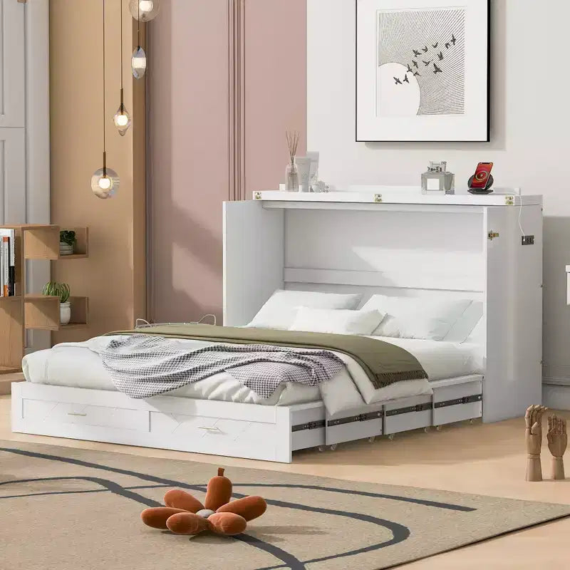 Lit escamotable Queen Size au design astucieux, pliable dans une armoire avec tiroir et ports USB